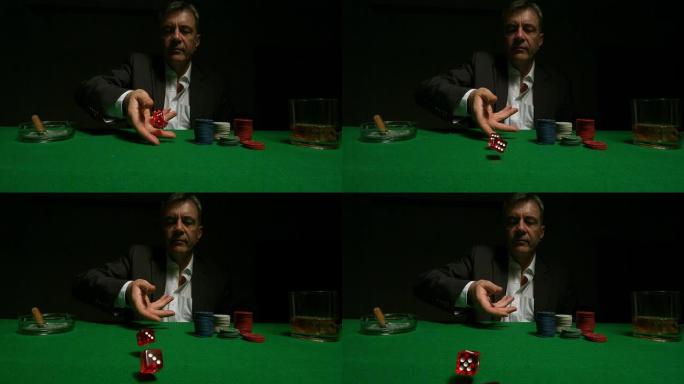 酷赌徒扔红色骰子扔骰子筹码商务人士