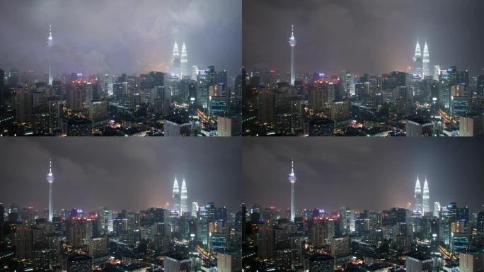 夜间暴风雨中的吉隆坡天际线