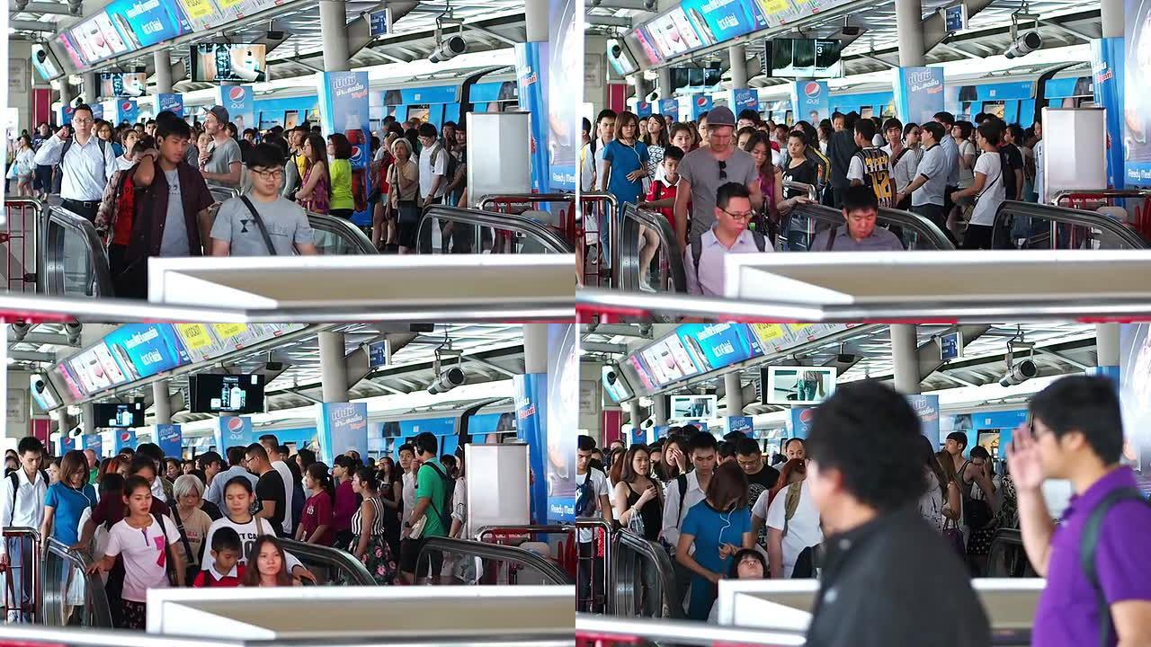 火车站内的自动扶梯挤满了空中列车的乘客