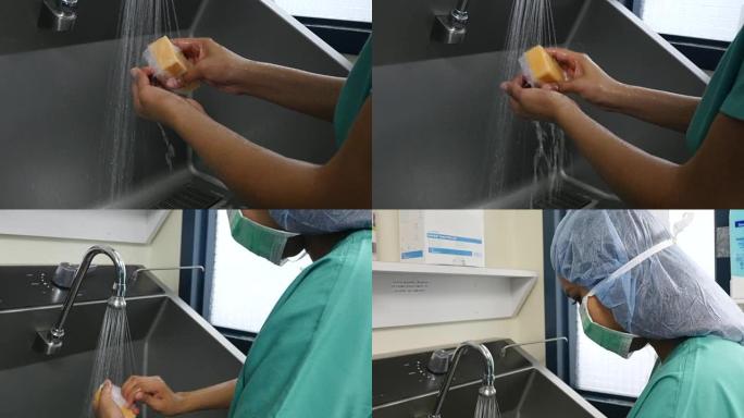 年轻的西班牙裔护士在手术前洗手