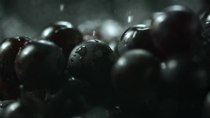 高清超级慢动作: 水滴落在黑葡萄上