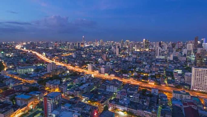 晚上的曼谷市航拍俯拍鸟瞰全景风光日转夜延