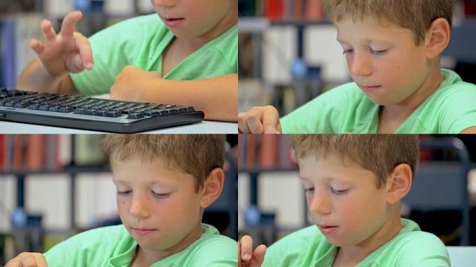 TU小男孩在公共图书馆的键盘上打字