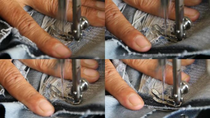 用缝纫机修理牛仔布。