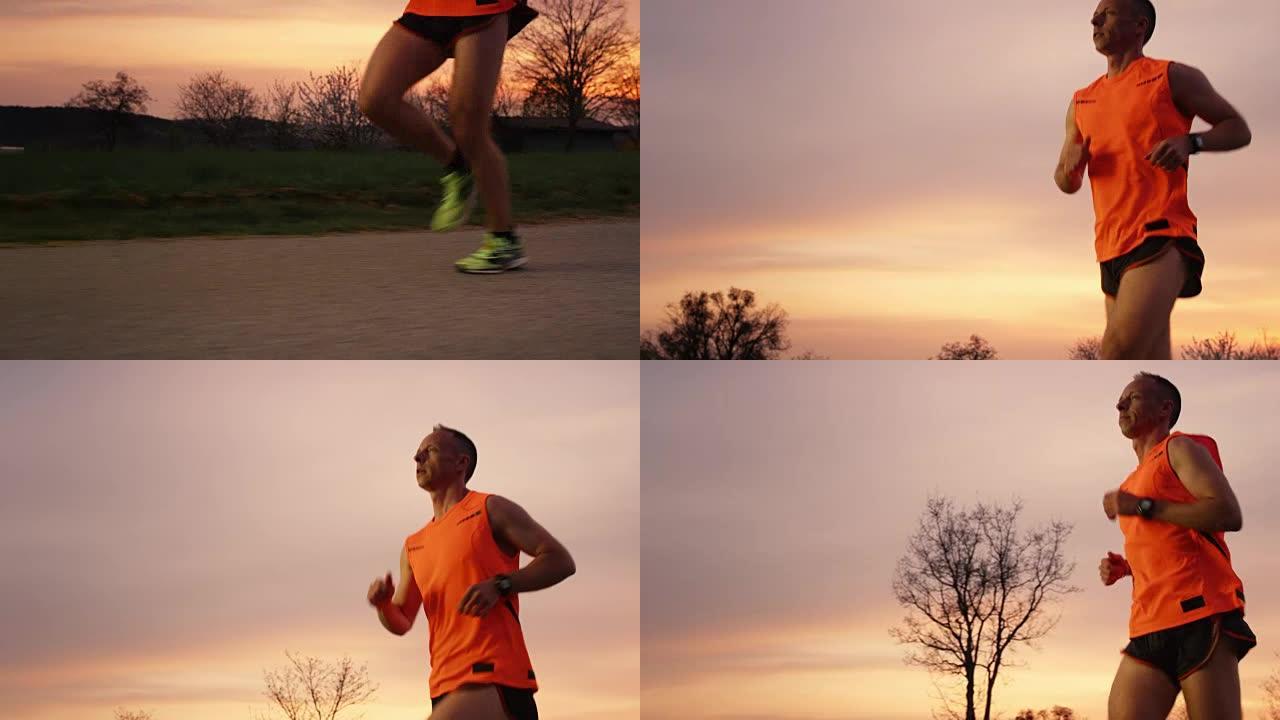 SLO MO Man在日落时集中精力奔跑