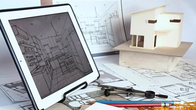建筑师使用房屋模型和蓝图