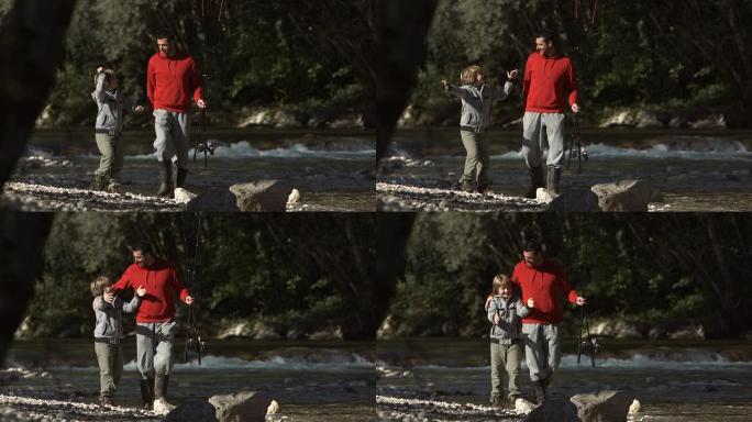 高清超慢莫: 开朗的儿子和父亲一起钓鱼