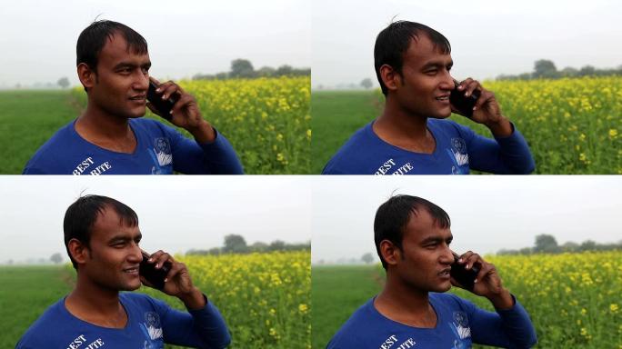 农民在智能手机上交谈