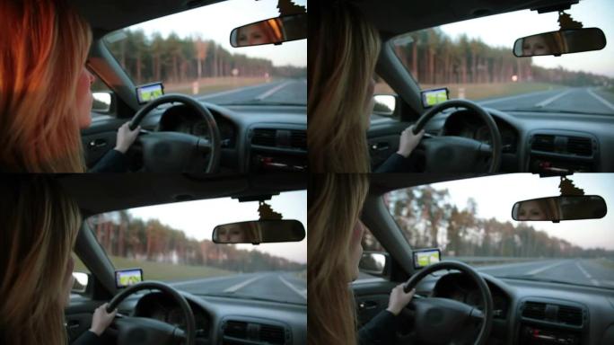 女性驾驶行驶车窗外汽车第一视角