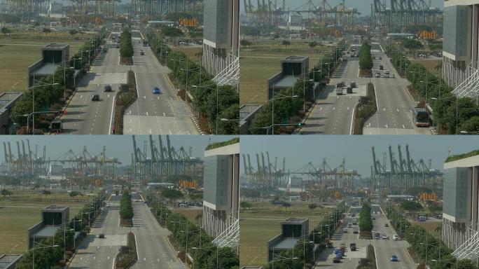 滨海大道的延时平移镜头，背景是港口活动