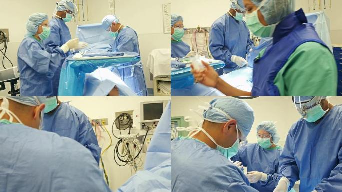 当外科医生对患者使用缝合线时，护士将医学标本放在容器中