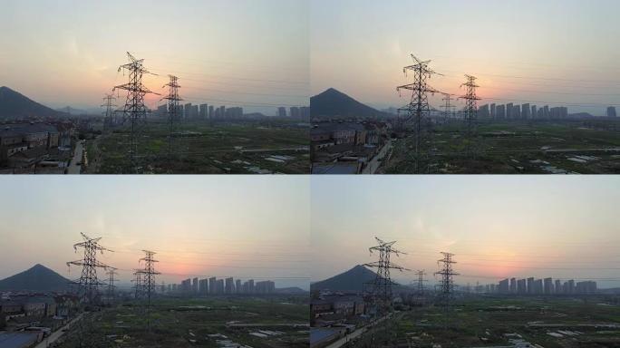 黄昏时杭州的塔架、城市景观和天际线。4k