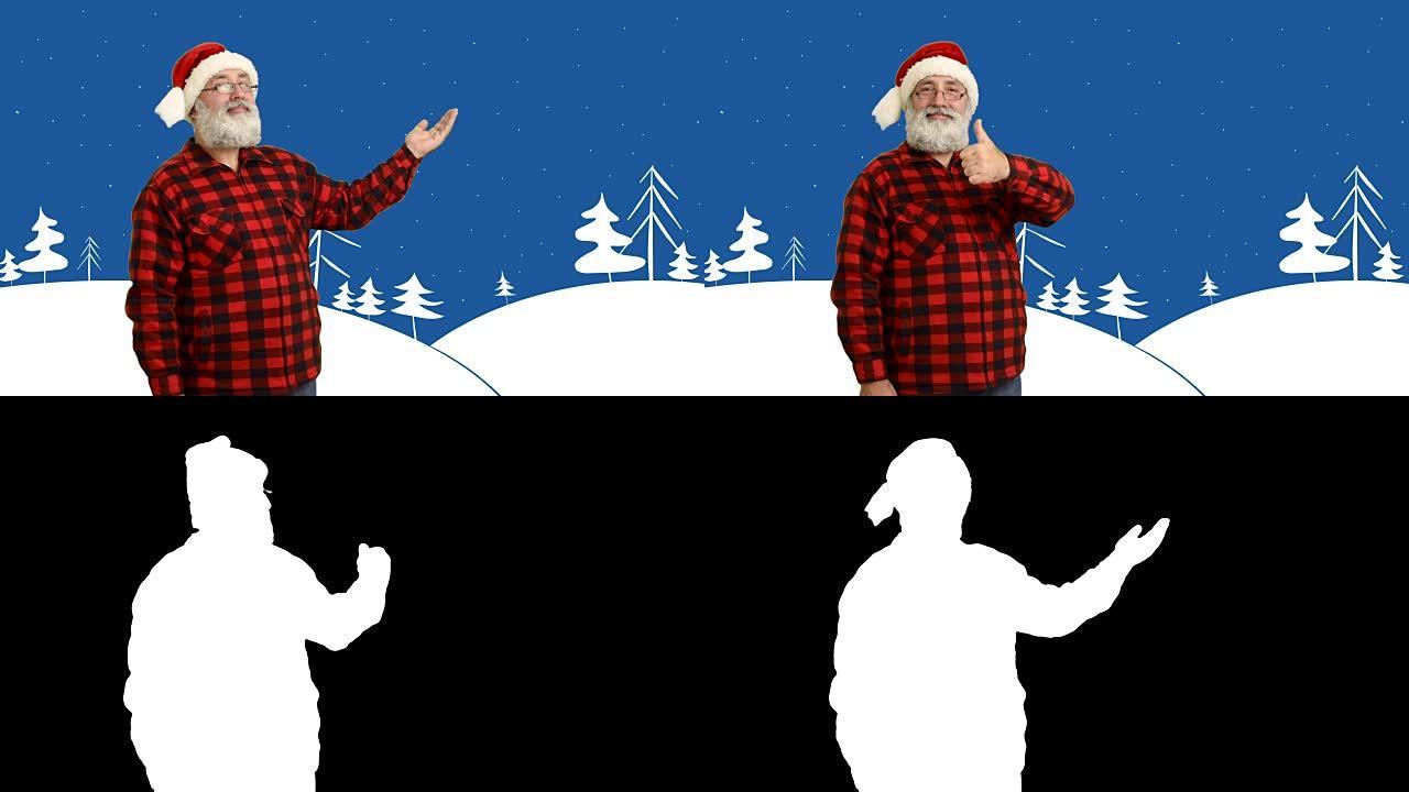 成人高级胡须男子展示复制空间，并在卡通背景上展示帽子中的拇指圣诞老人冬季主题