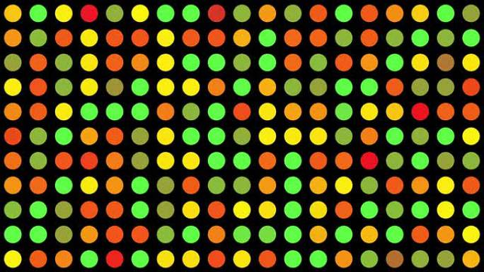 橙色-绿色-红色-黄色多色圆圈音乐视频背景-黑色背景上具有随机生成效果的点网格
