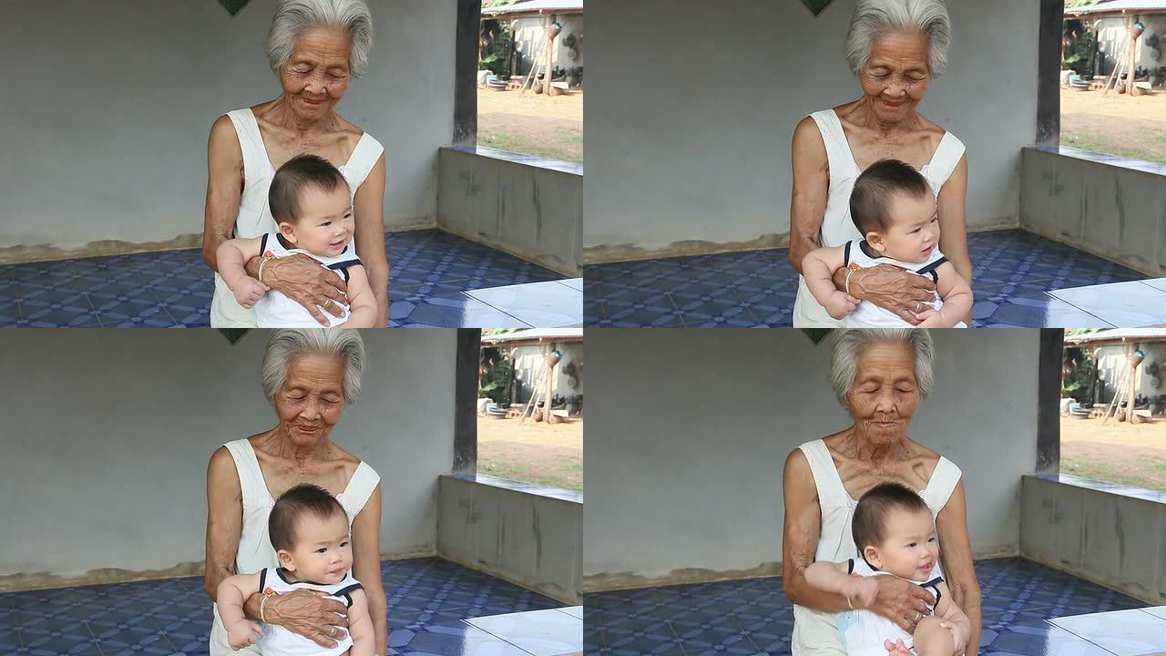 亚洲祖母带着孩子隔代亲奶奶太奶