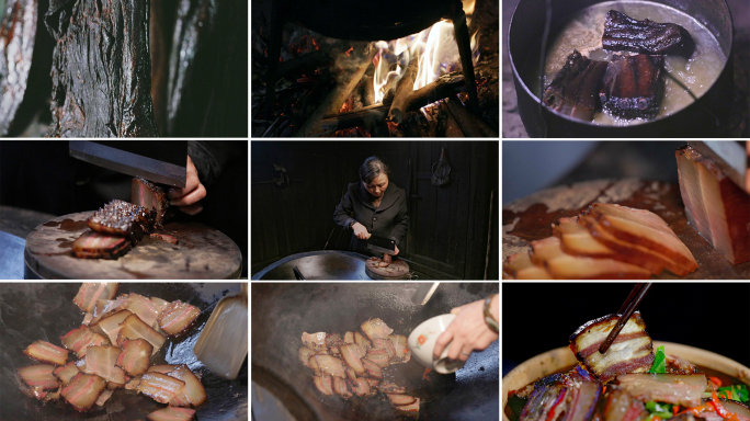 农家土灶台手工制作烹饪土腊肉