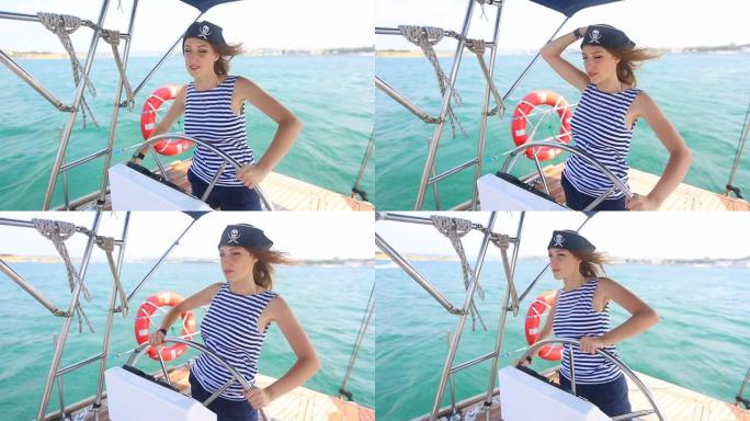 游艇巡游掌舵的女孩海盗