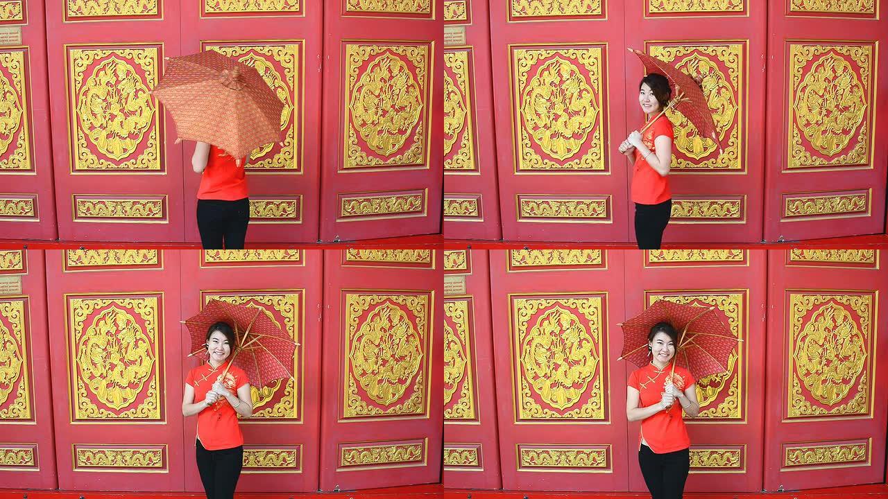 中国女孩的特写红色旗袍中式开心笑脸