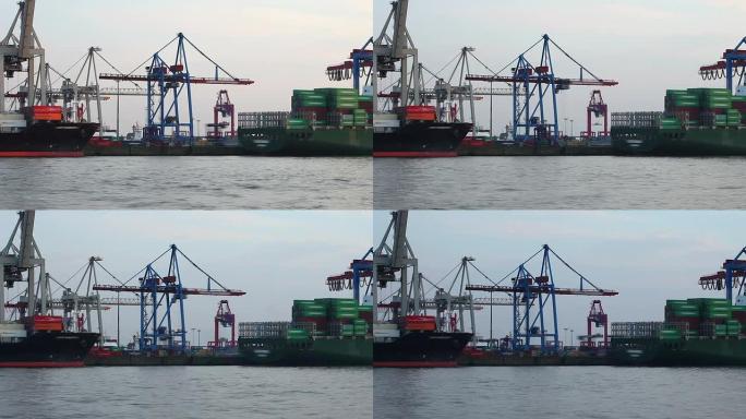 汉堡港，配有起重机和货船-Time-Lapse