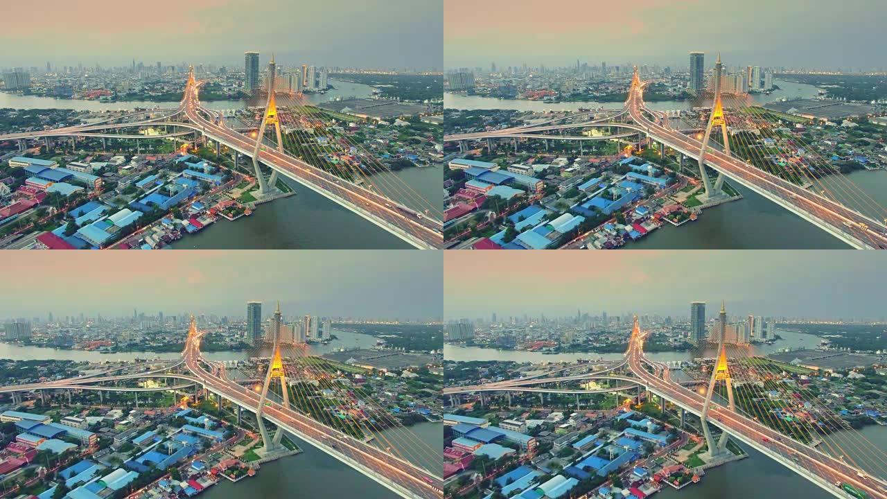 曼谷普密蓬大桥的空中日落视图拍摄