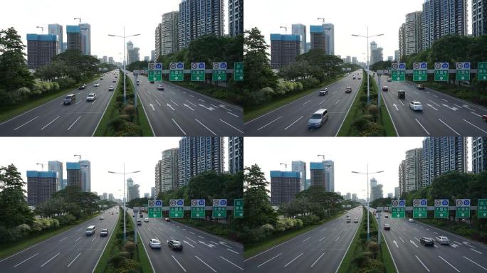 深圳多车道高速公路和建筑物上的繁忙交通，实时。