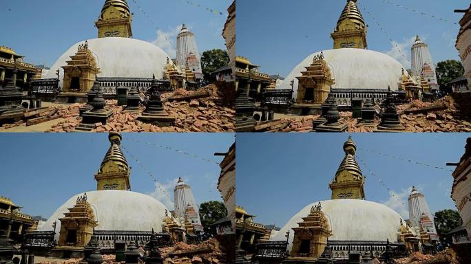 尼泊尔加德满都-2015年5月1日：Swayambhunath（猴庙）佛塔在大地震后严重受损