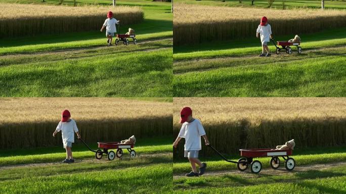 一个带着红色马车的小男孩，在乡间小路上