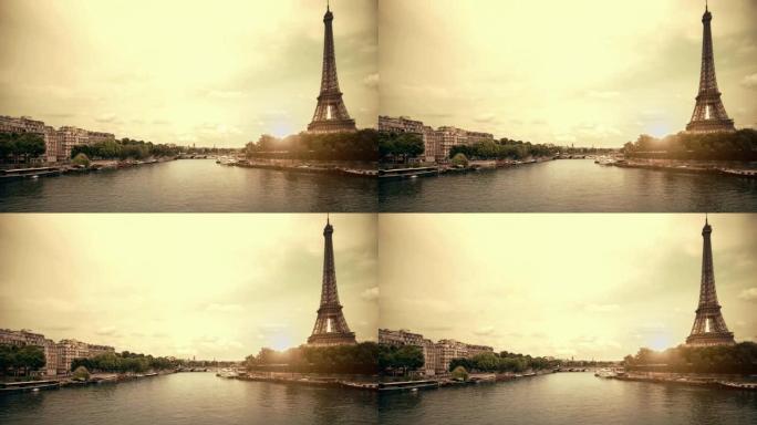 日落时的巴黎埃菲尔铁塔和塞纳河