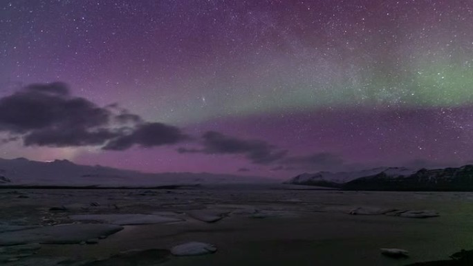 延时: 北极光北极光水冰川Jokulsarlon泻湖冰岛