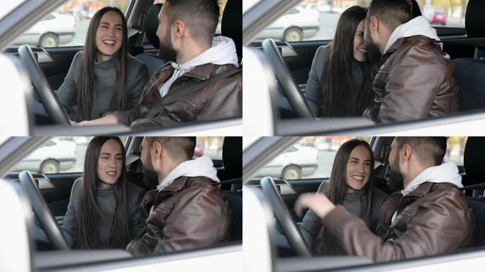 快乐的情侣在车里进行动画对话