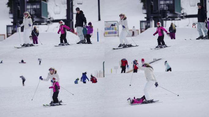 家庭在滑雪胜地滑雪