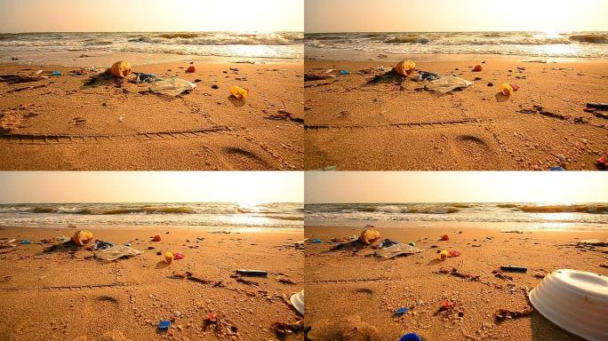 多莉镜头：肮脏海滩上的垃圾污染
