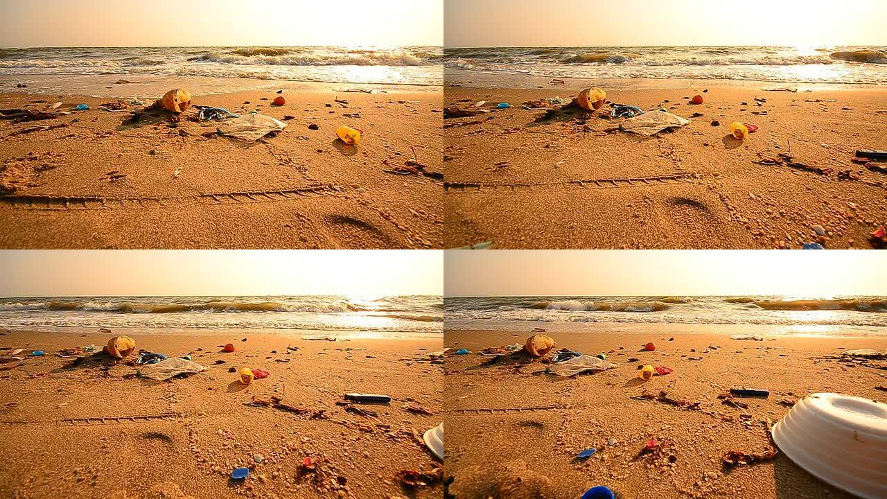 多莉镜头：肮脏海滩上的垃圾污染