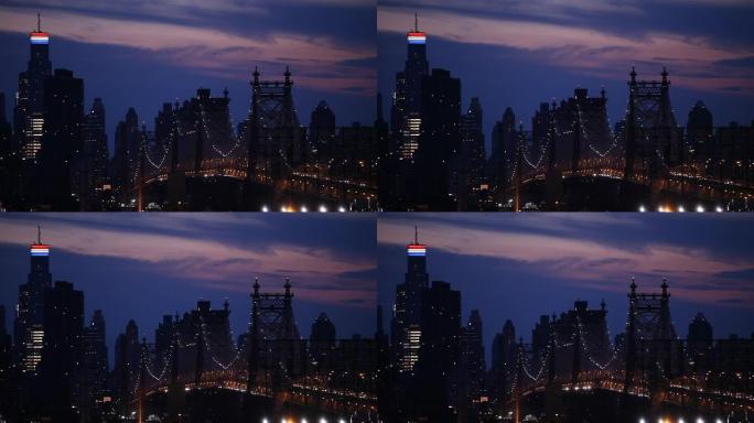 纽约市黄昏时分的昆斯博罗大桥