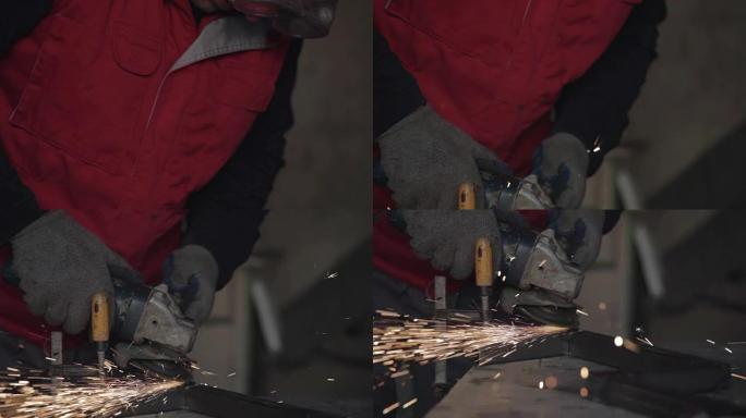 男子研磨金属棒打磨焊接防护眼睛