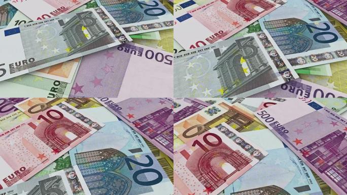 货币欧元。相机在欧元堆叠上方平移
