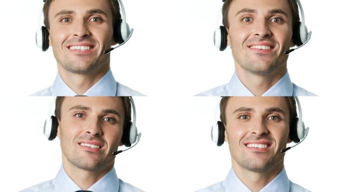 愉快的客户支持电话接线员工作，白色