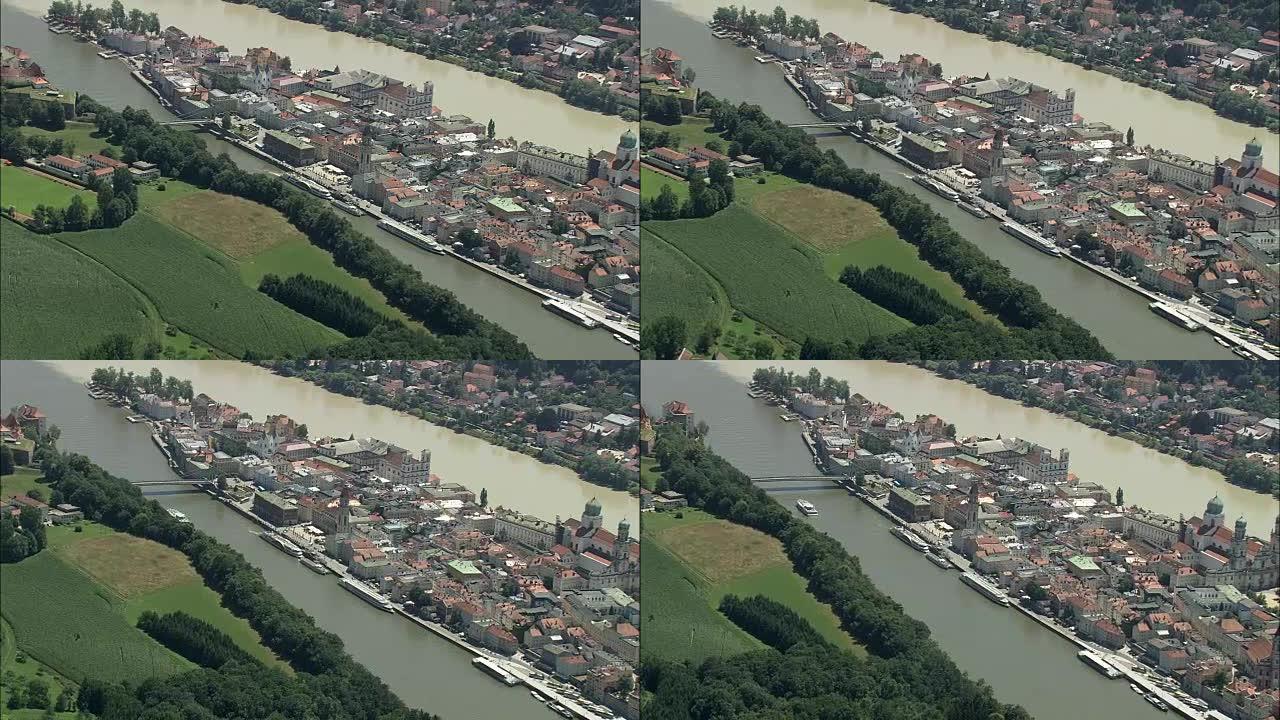 帕绍-鸟瞰图-巴伐利亚，下巴伐利亚，帕绍市的帕绍直升机拍摄，航拍视频，cineflex，建立镜头，德