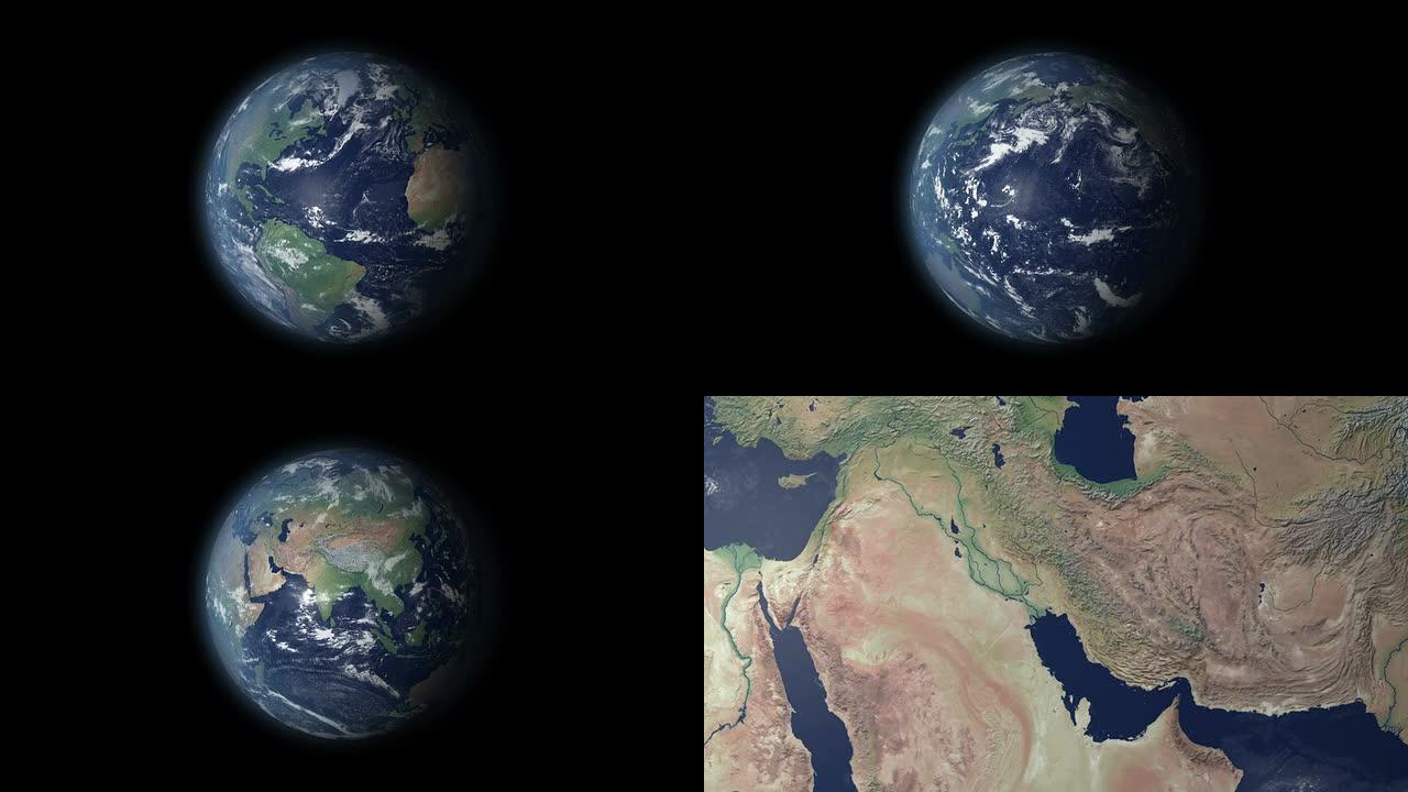 以伊拉克为中心的地球360度旋转和变焦