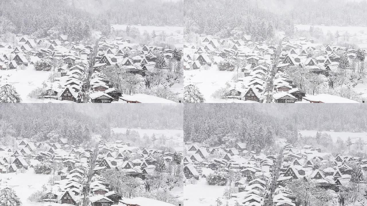 高清：延时俯视世界遗产白川村降雪，日本岐阜