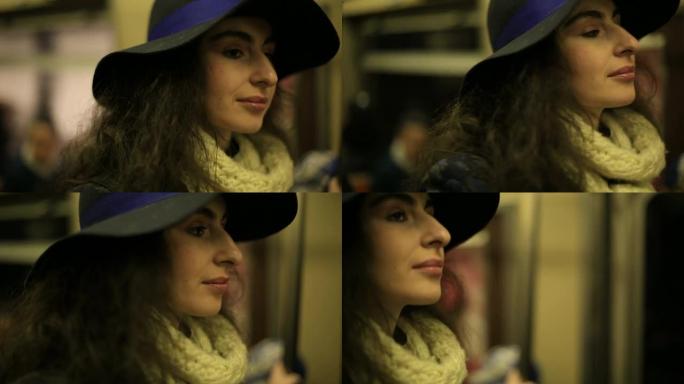 上下班往返的人戴帽子的外国美女特写镜头车