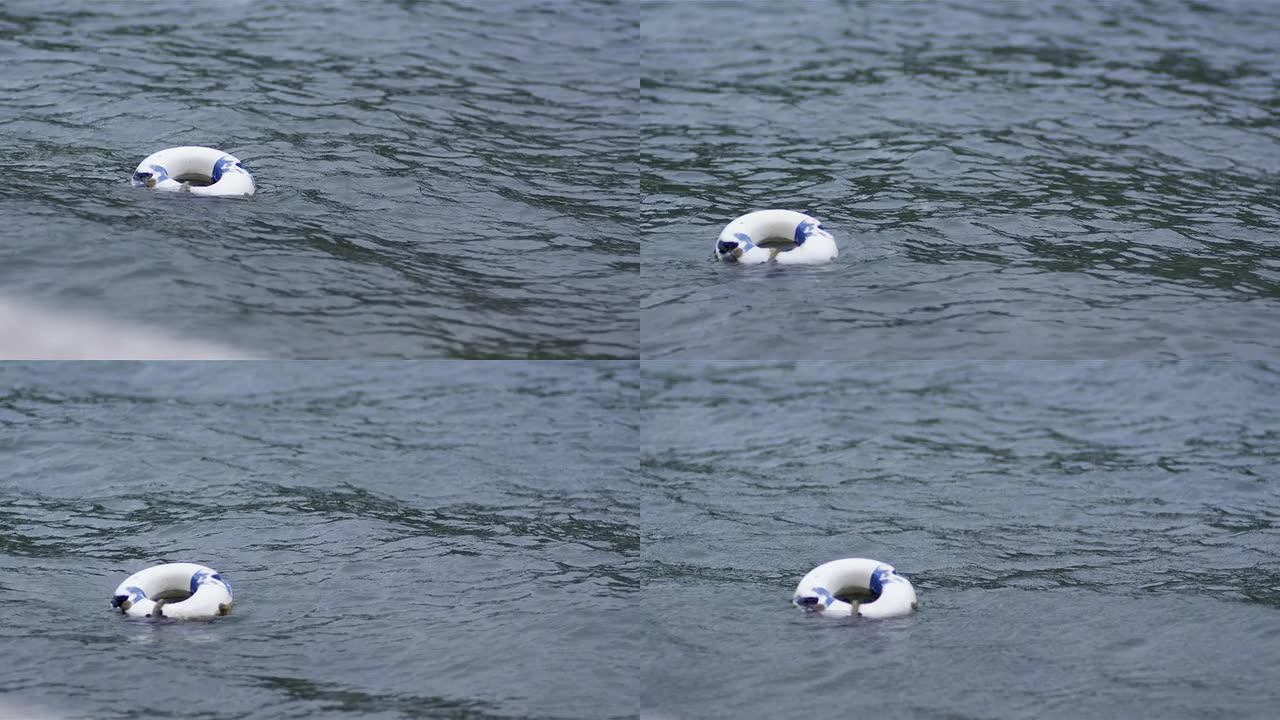 一个白色救生圈下水并漂浮在上面