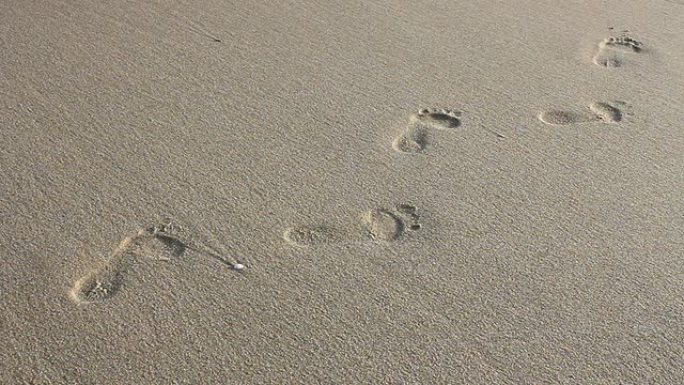 海滩上排队的脚印被海浪冲走了。