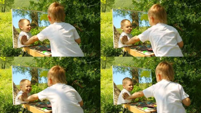 调色板中镜子前的有趣男孩