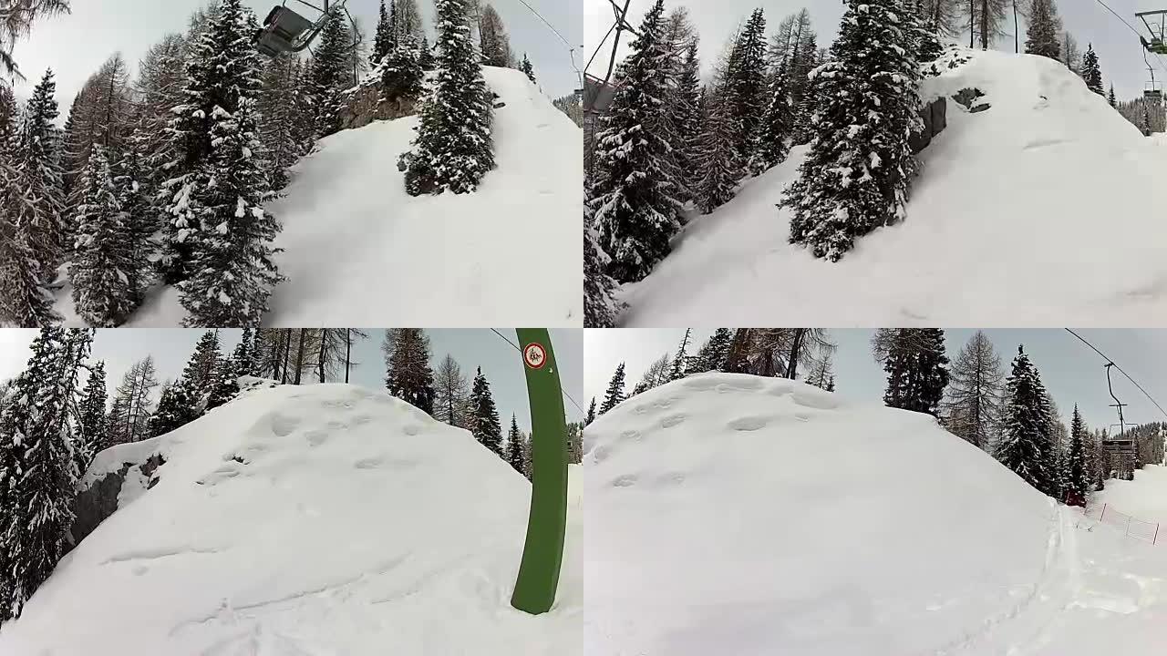 雪山的升降椅索道冬季雪景