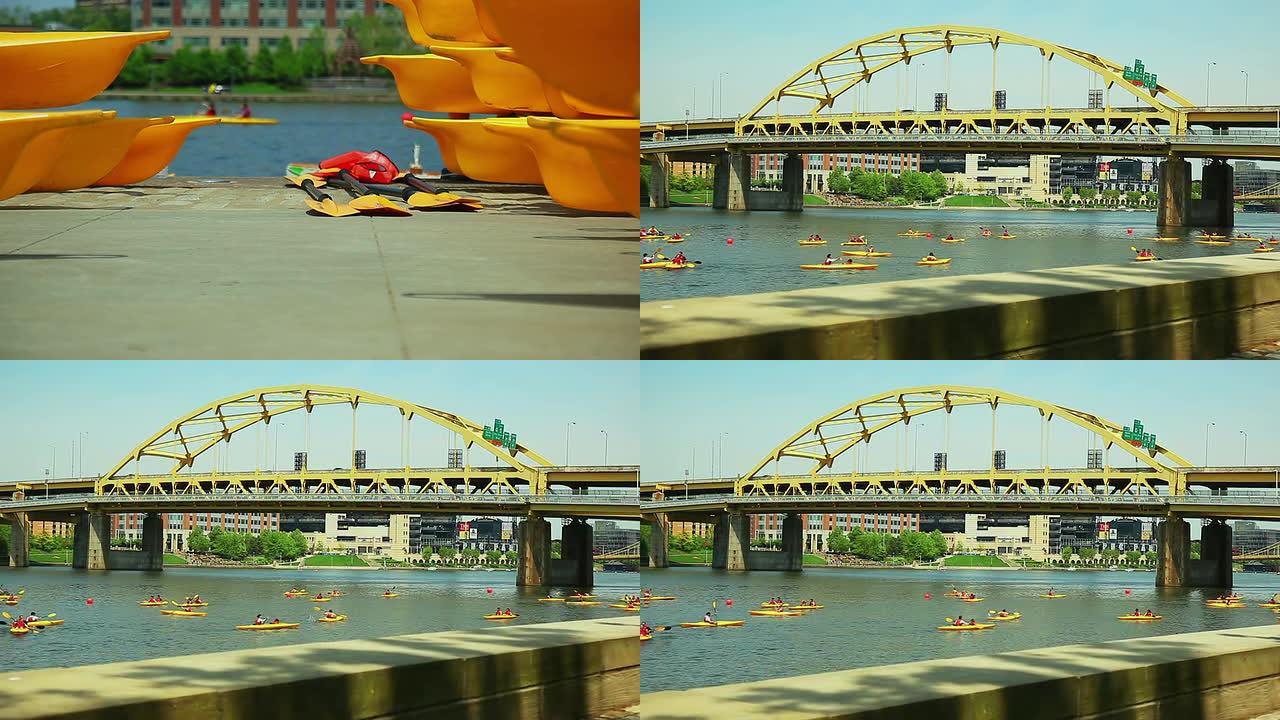 黄色皮划艇在河上竞速