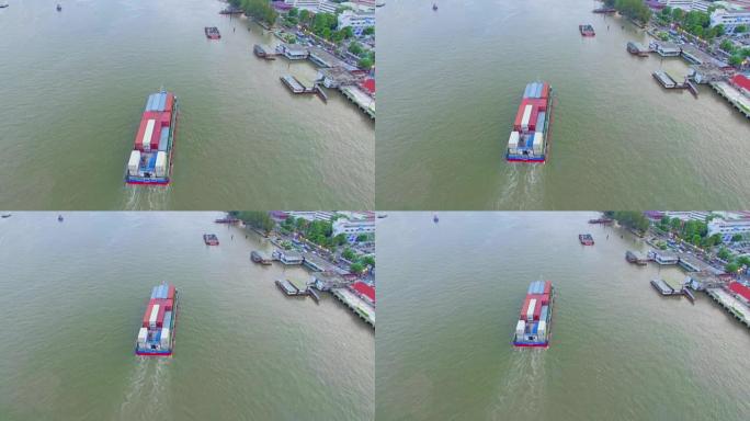 河上集装箱货船的鸟瞰图