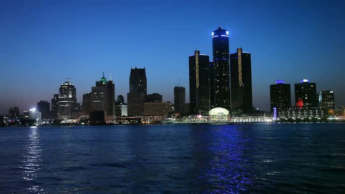 底特律海边城市夜景夜晚商业区大景