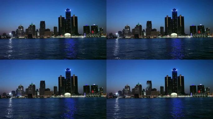 底特律海边城市夜景夜晚商业区大景
