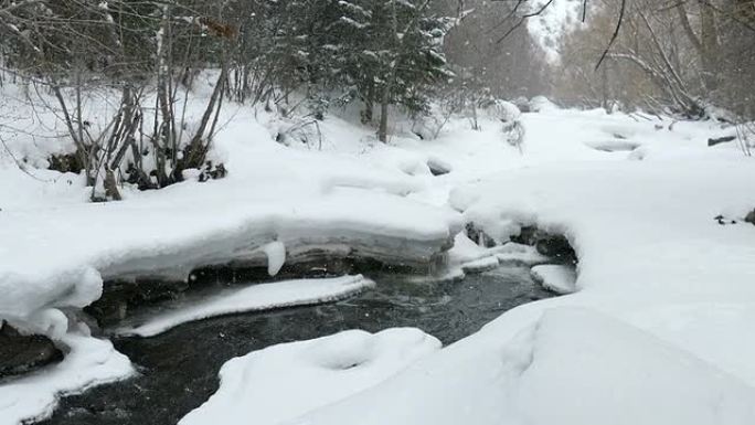 高清视频大雪落在冰冷的熊溪水域科罗拉多州莫里森